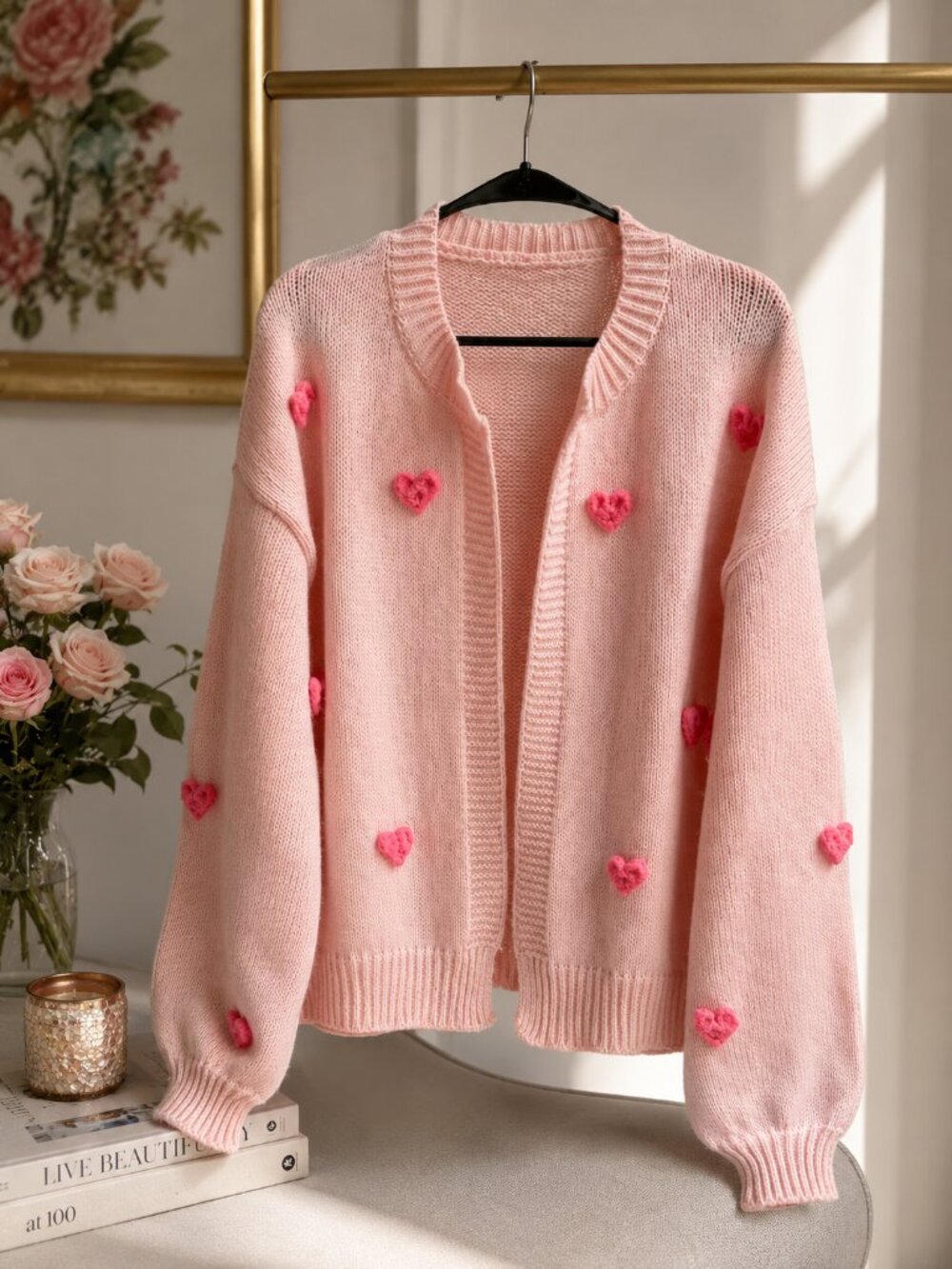 Pink Heart Applique Open Front Cardigan Sweater Size L